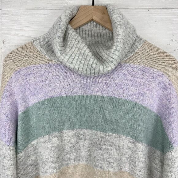 Gap Brushed Turtleneck Sweater Women L Striped Green Purple Relaxed Preppy Cozy - Picture 3 of 15